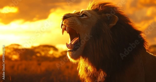 Majestic lion roaring at sunset in savannah landscape