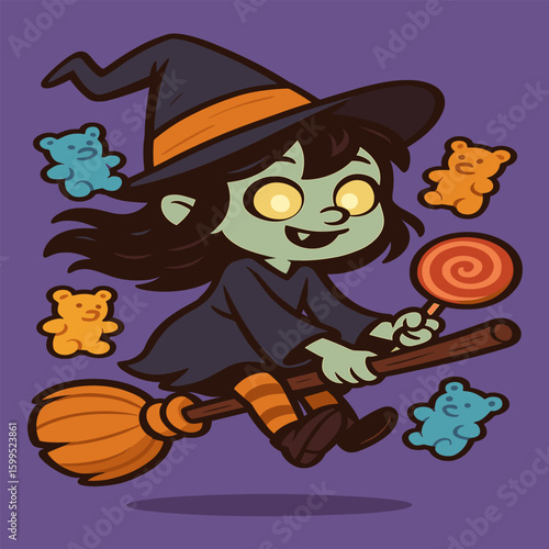 Spooky witch girl with glowing eyes rides a candy broomstick, surrounded by floating gummy bears, in a funky cartoon style.
