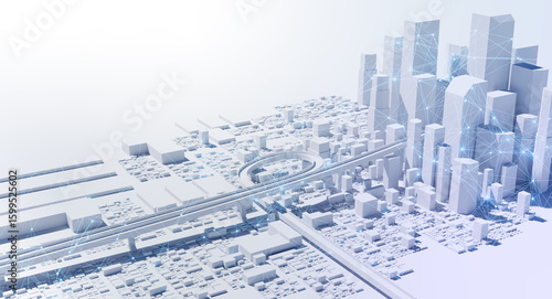 通信ネットワークでつながる未来型スマートシティの3D都市背景
