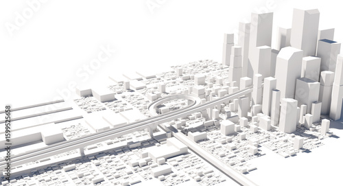 白背景に浮かぶ都市モデルと高層ビル群の3D
