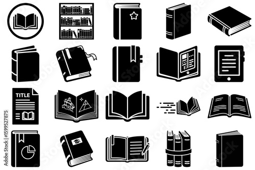 Assortment of literary icons: A captivating collection of minimalistic, monochrome representations of the classic, conveying knowledge and education in striking graphical format.