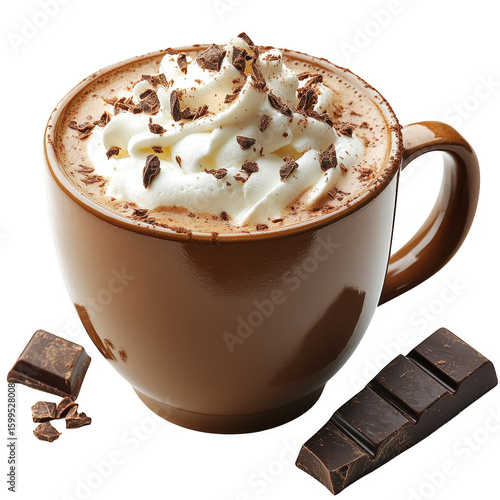 A delicious mug of hot chocolate topped with whipped cream and chocolate shavings served with dark chocolate pieces isolated on transparent background
