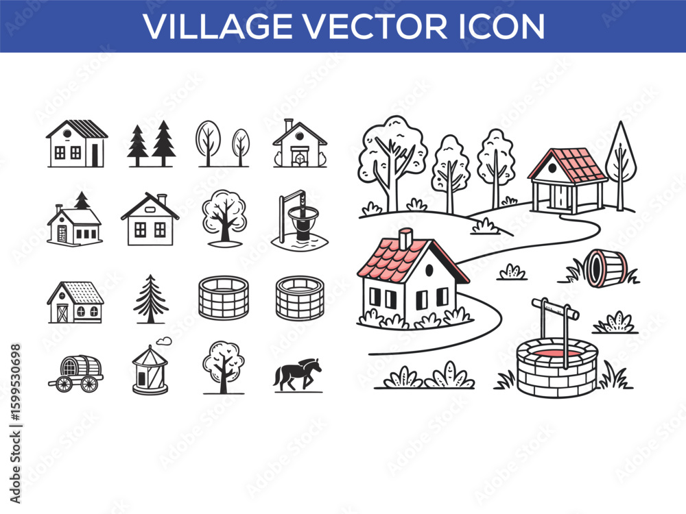 Fototapeta premium Farm and Agriculture Village - Set of Thin Line Vector Icons
