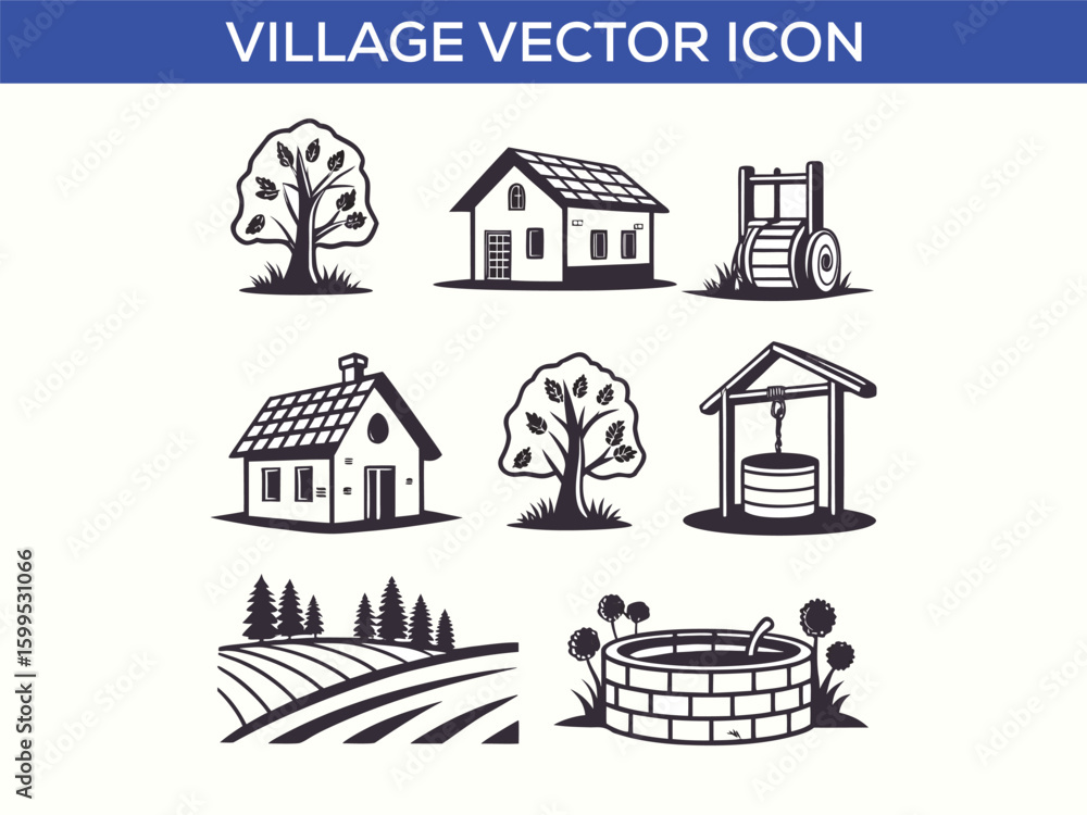 Fototapeta premium Farm and Agriculture Village - Set of Thin Line Vector Icons