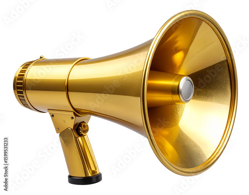  Shiny Gold Megaphone Horn with Smooth Reflective Surface, Front View, Isolated on Transparent Background.