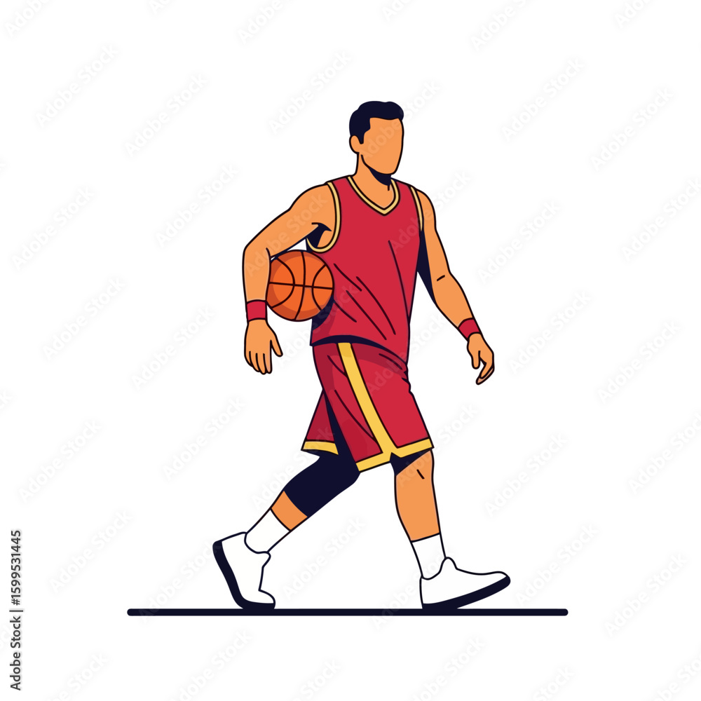 Fototapeta premium Athletic Player Walking with Basketball in Red Uniform on White Background