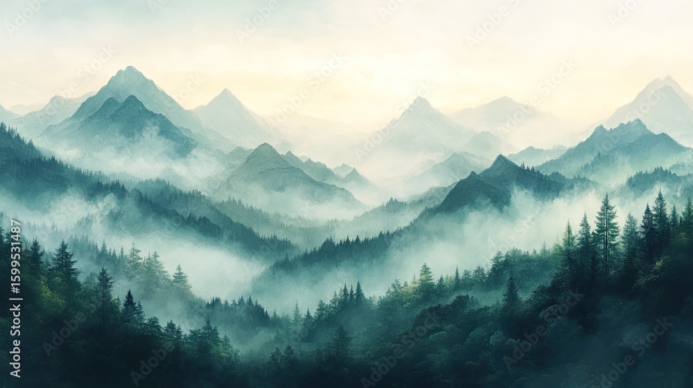 Obraz premium Painterly Mountain View with Misty Peaks and Soft Pastel Colors Creating Artistic Landscape and Calm Mood