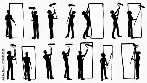 Silhouetted figures painting walls with rollers in various poses and orientations on a white background