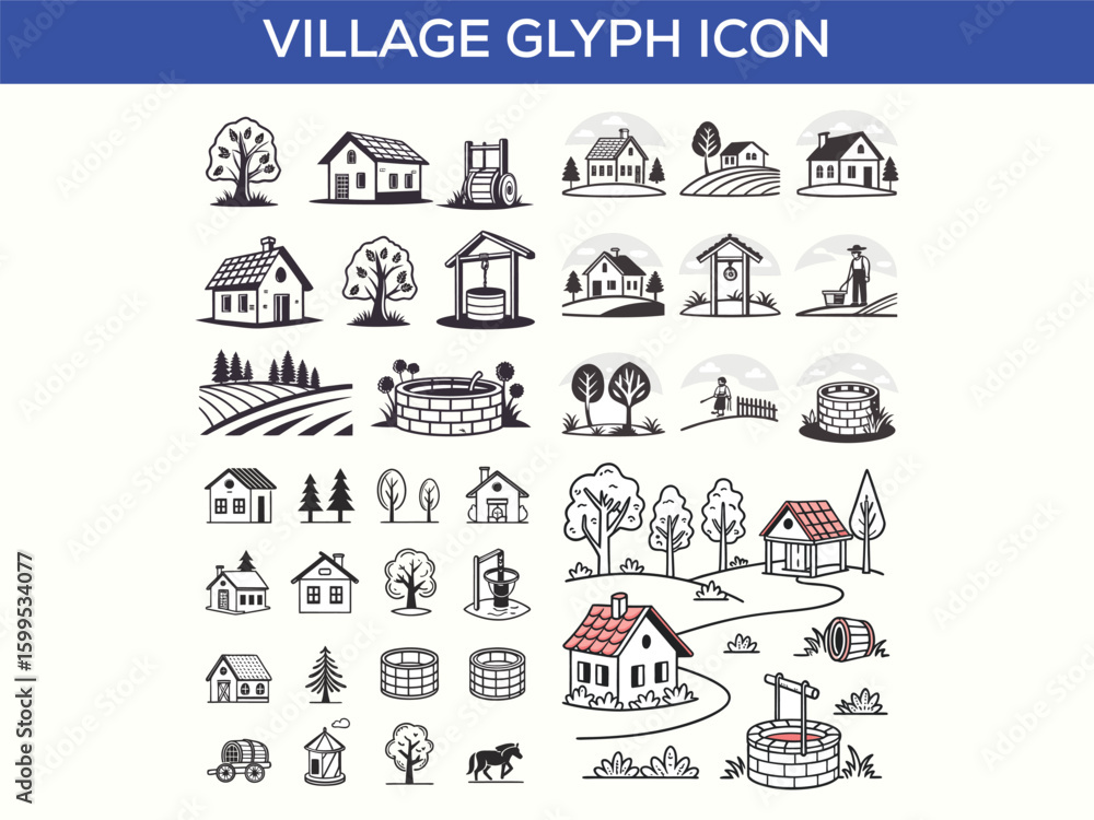 Fototapeta premium Farm and Agriculture Village - Set of Thin Line Vector Icons