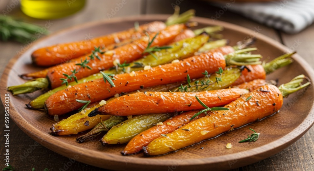 Roasted Carrots with Herbs on Wooden Plate Roasted Carrots with Herbs on Wooden Plate