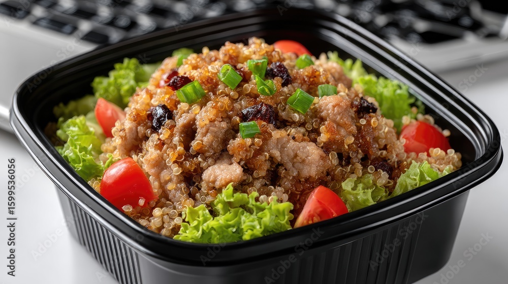 Healthy Quinoa Salad with Chicken, Lettuce, and Cherry Tomatoes in Black Bowl Healthy Quinoa Salad with Chicken, Lettuce, and Cherry Tomatoes in Black Bowl