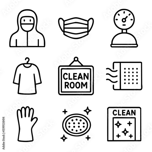 A set of doodle line icons representing cleanroom safety equipment, sterilization tools, hygiene practices, air filtration, and protective clothing