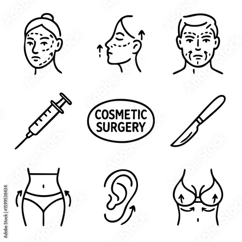 A set of doodle line icons featuring cosmetic surgery, facial procedures, injections, body contouring, and aesthetic medical treatments