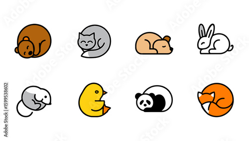 Collection of eight curled up animals including bears, cat, rabbit, mouse, chick, panda and fox