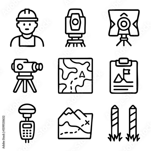 A set of doodle line icons showing land surveying, mapping tools, GPS devices, maps, markers, and professional surveyor equipment