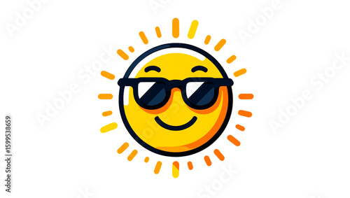 Cartoon sun with sunglasses radiating sunshine and a cheerful smile on a bright day image