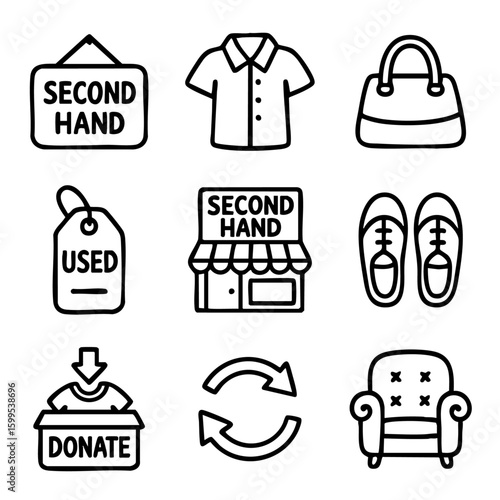 A set of doodle line icons representing second-hand items, donation boxes, reuse shops, used clothes, furniture, recycling, and thrift shopping
