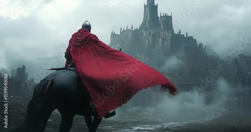 Knight in red cape riding horse towards ancient castle