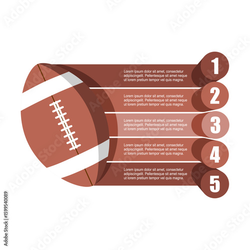American football ball with five features or option of project to select. Minimal infographic illustration for business and sport information visualization.