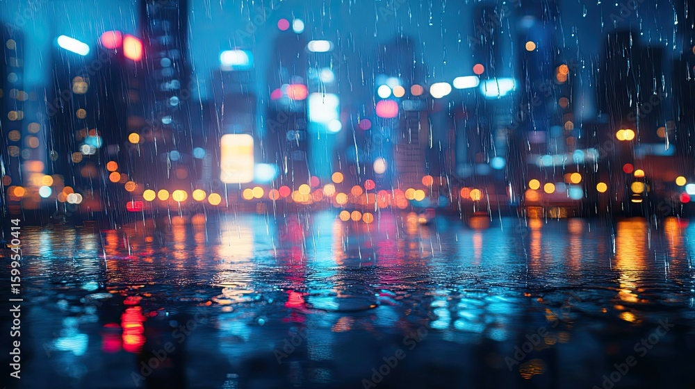 Obraz premium Rainy night cityscape with glowing lights, urban evening scene with reflections for mood, nightlife or film visuals