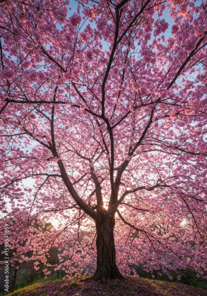 Obraz premium Pink Cherry Blossom Tree at Sunrise