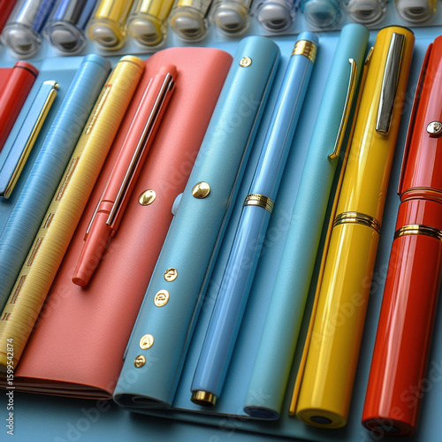 Pens scattered on blue surface.