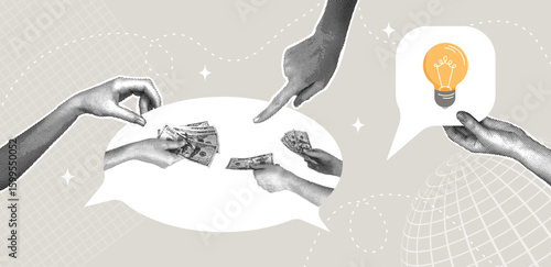 Trendy halftone collage. Ideas for financing and remuneration. The concept of monetary compensation, remuneration for professional activities, incentive for employment, job offer.