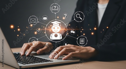 Person Using Laptop with AI Robot and Education Icons, Futuristic Learning Concept