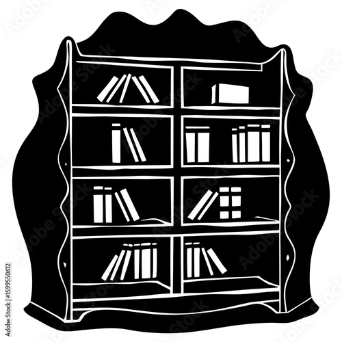 A black and white silhouette illustration of a tall ornate bookshelf filled with
