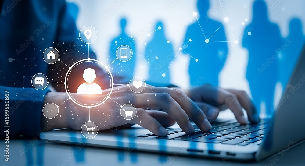 Naklejka premium Person Using Laptop with Digital Network and Silhouetted People in Background