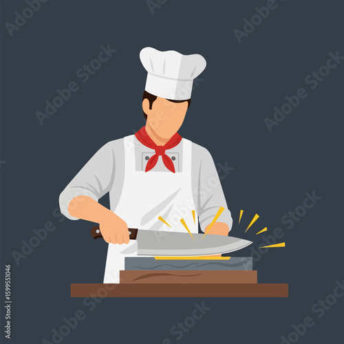Chef Sharpening Steel Knife on Stone with Yellow Sparks on Dark Background
