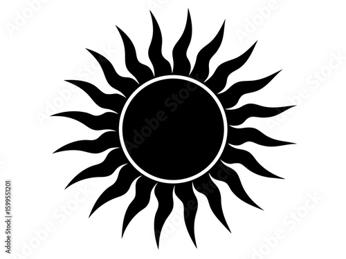 A striking black and white silhouette of a radiant sun with pointed rays against a