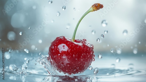 Vibrant red cherry falling into clear water with droplets suspended mid-air, showcasing freshness and movement in high-speed macro photography perfect for food, health, or commercial visuals.