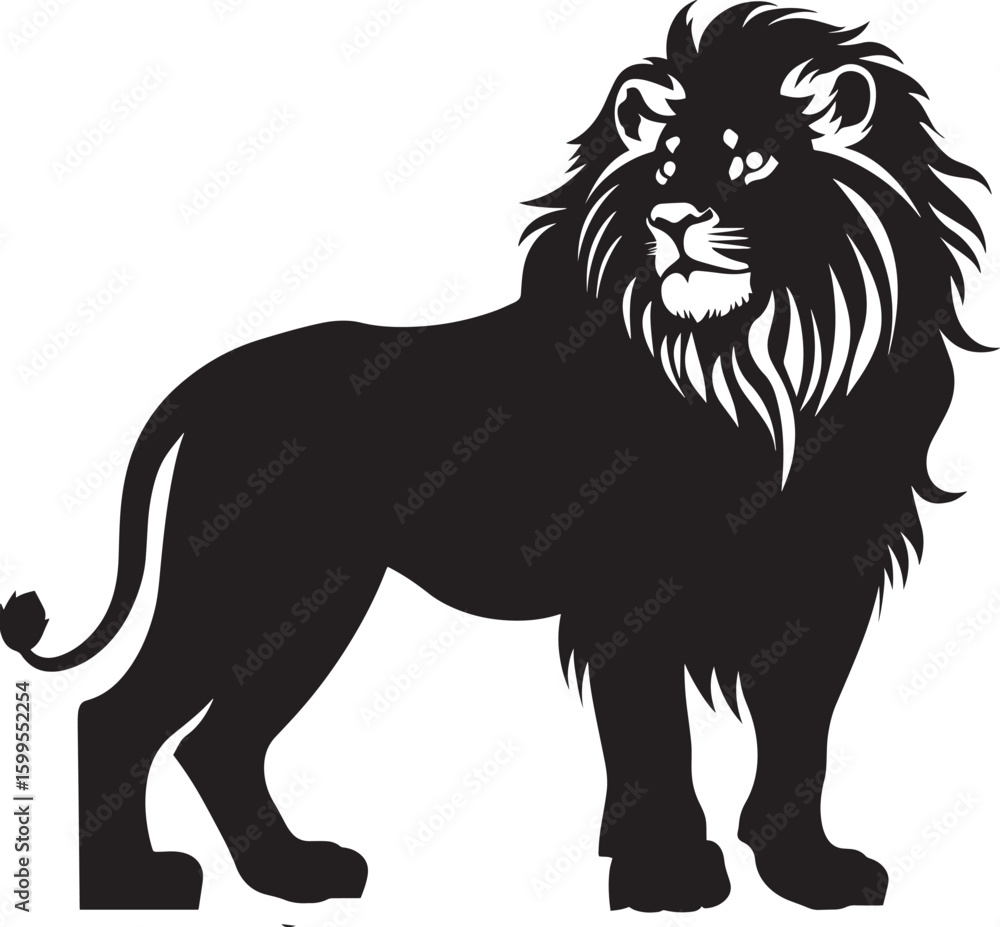 Fototapeta premium A black and white silhouette of a lion standing on a white background.