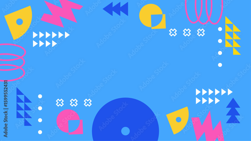 Fototapeta premium Blue background with colorful geometric shapes suitable for web design, presentations, posters, and social media graphics promoting creativity and modernity.