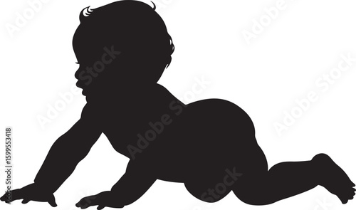 A black and white silhouette of a baby crawling on all fours against a white background.