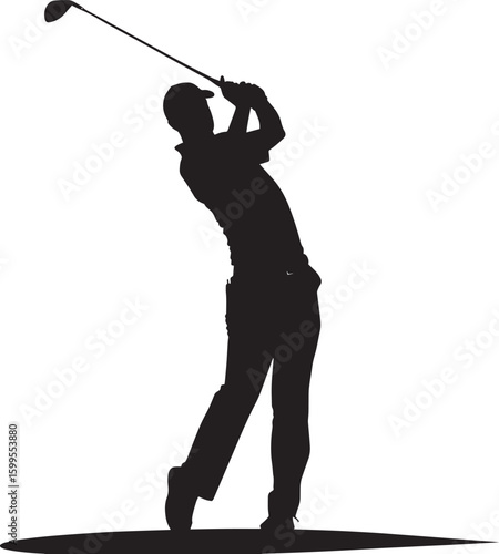 A golf player in a black and white silhouette, swinging a golf club.