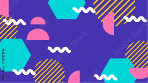 Vibrant abstract pattern with hexagons, circles, and wavy lines. Great for backgrounds, prints, posters, website designs, and digital art projects.