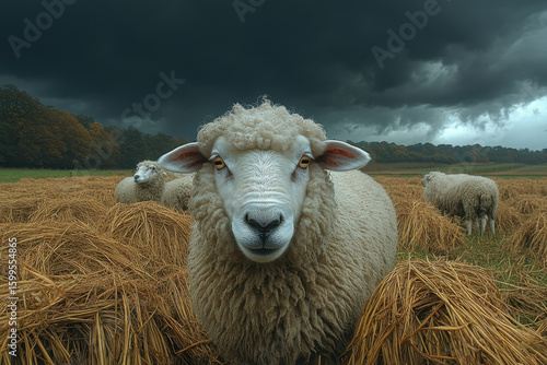 Sheep standing in hay field.