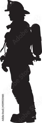 A black silhouette of a firefighter in full gear, standing against a white background.