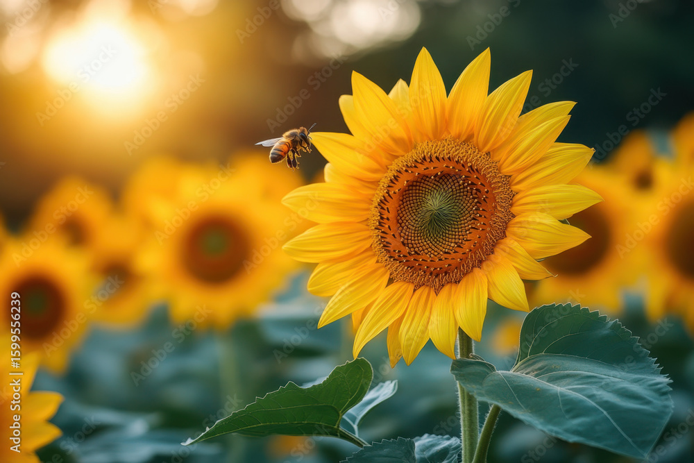 Fototapeta premium Bee gathering nectar on sunflower.