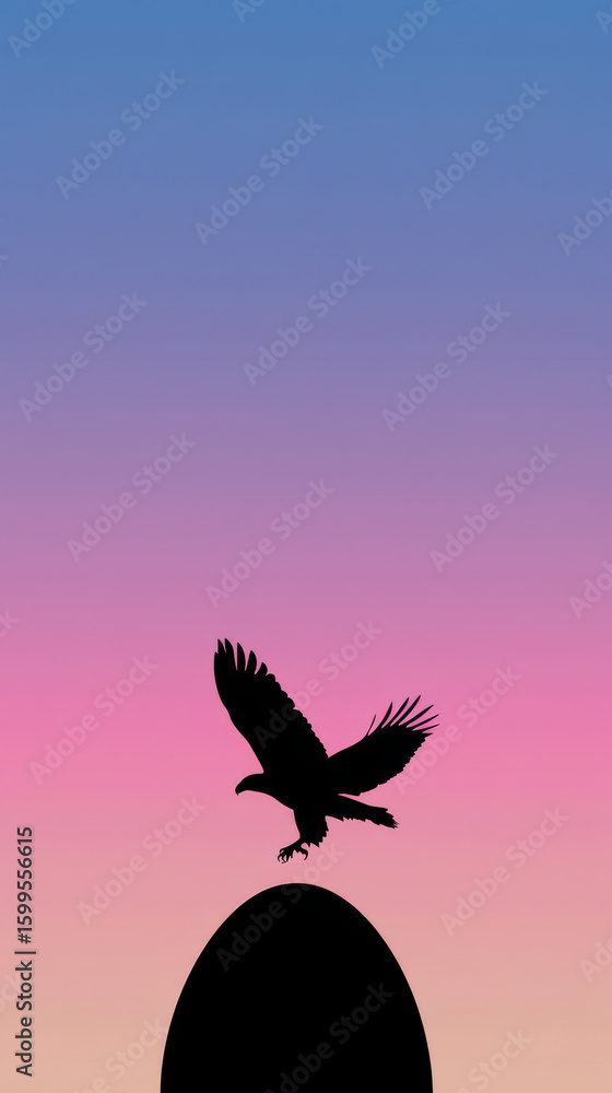Obraz premium Silhouette of eagle flying over egg against colorful gradient sky, evoking sense of freedom and nature beauty