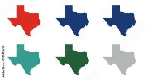 Colorful Texas state map outlines against a white background conveying geographical representation