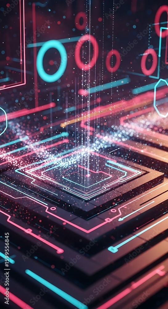 Obraz premium Abstract technological advancement with glowing lines and circles backdrop