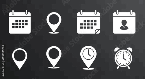 Simple white icons of calendar, location pin, clock and alarm for web use