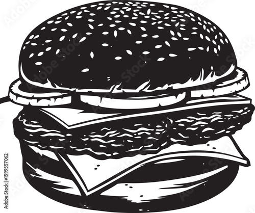 A black and white illustration of a hamburger with sesame seeds on a sesame seed bun, cheese, and lettuce.