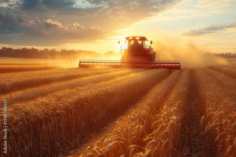 Fototapeta premium Combine harvesting wheat at sunset in a vast field.