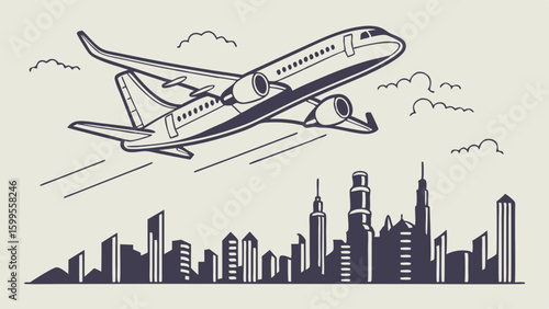Airplane Soaring Above City Skyline in Retro Illustration Style.