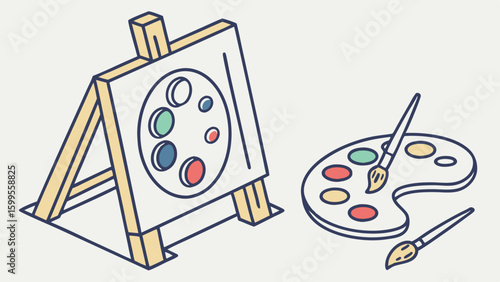 Artists Easel with Palette and Paintbrushes.