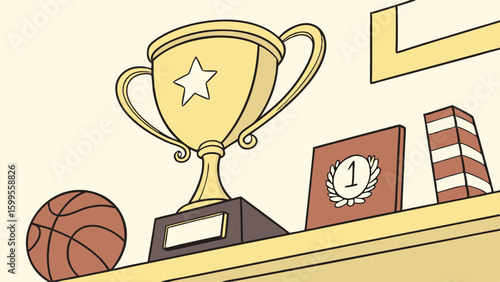 Award Trophy Basketball and Plaques on a Shelf.